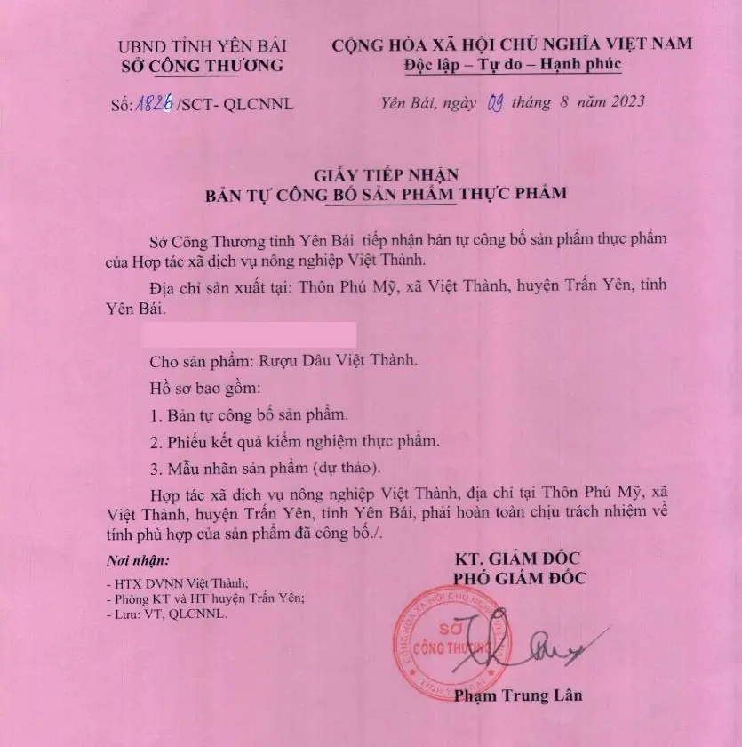 Giấy tiếp nhận bản tự công bố Rượu Dâu Việt Thành, Sở Công Thương Yên Bái