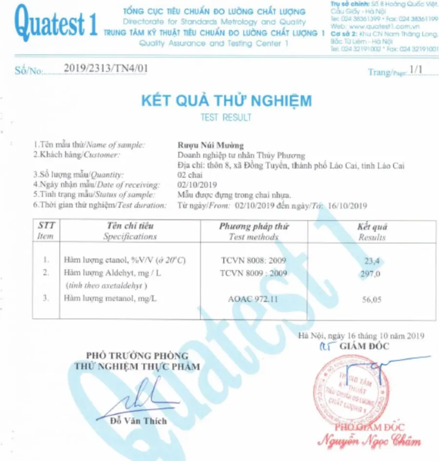 Kết quả kiểm nghiệm rượu Núi Mường tại Quatest 1